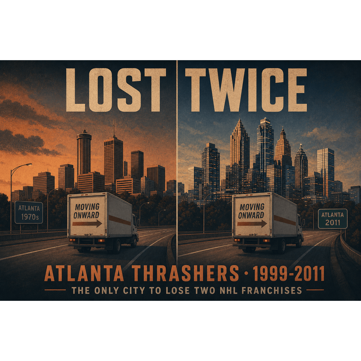 Original hockey history illustration of the Atlanta Thrashers franchise titled Lost Twice by Odd Man Rush