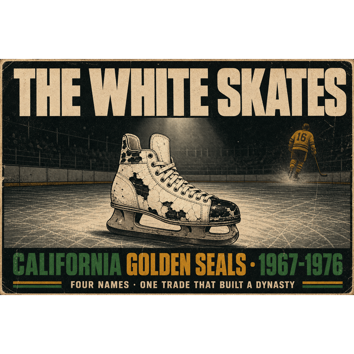 Original hockey history illustration of the California Golden Seals titled The White Skates by Odd Man Rush