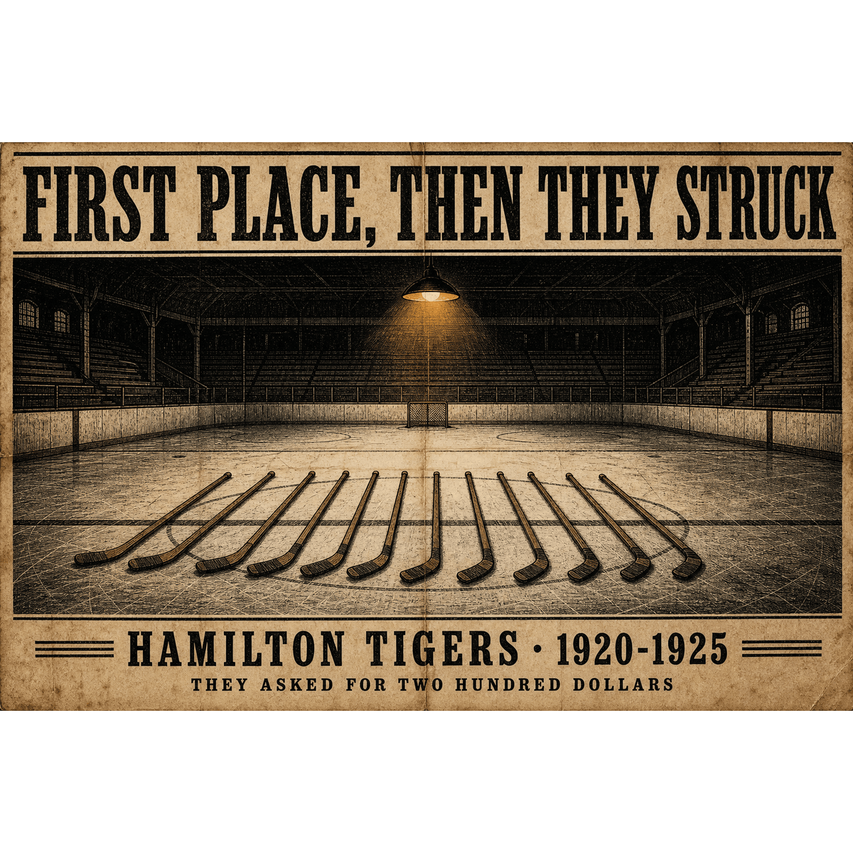 Original hockey history illustration of the Hamilton Tigers player strike titled First Place Then They Struck by Odd Man Rush