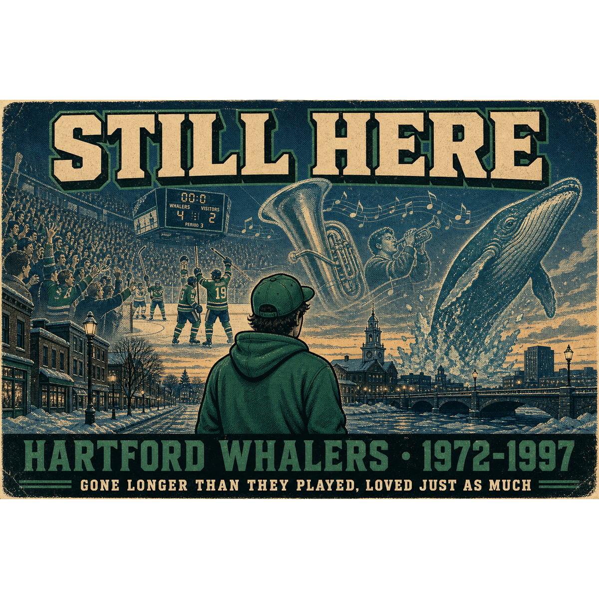 Original hockey history illustration of the Hartford Whalers legacy titled Still Here by Odd Man Rush