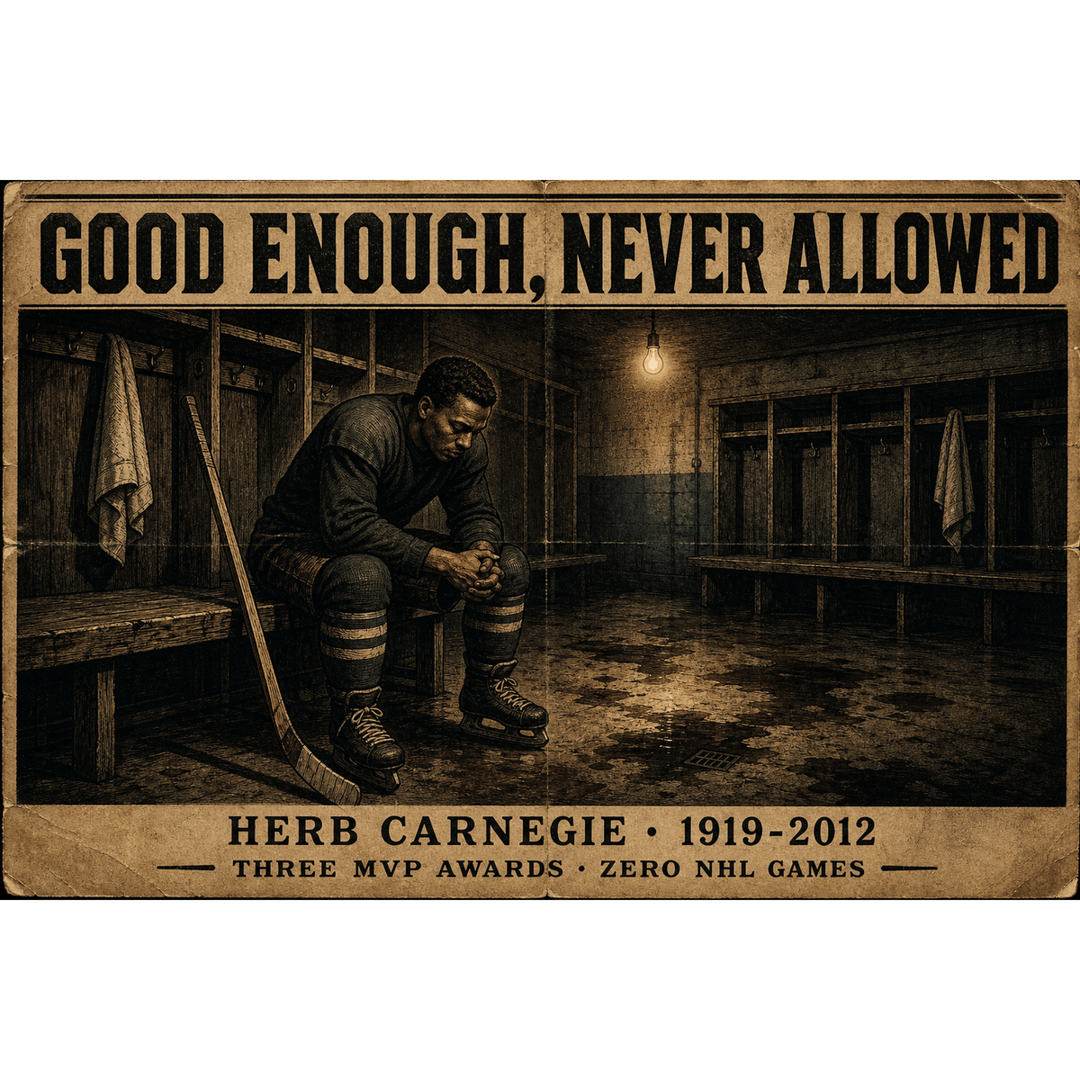 Original illustration of hockey legend Herb Carnegie in a locker room titled Good Enough Never Allowed by Odd Man Rush