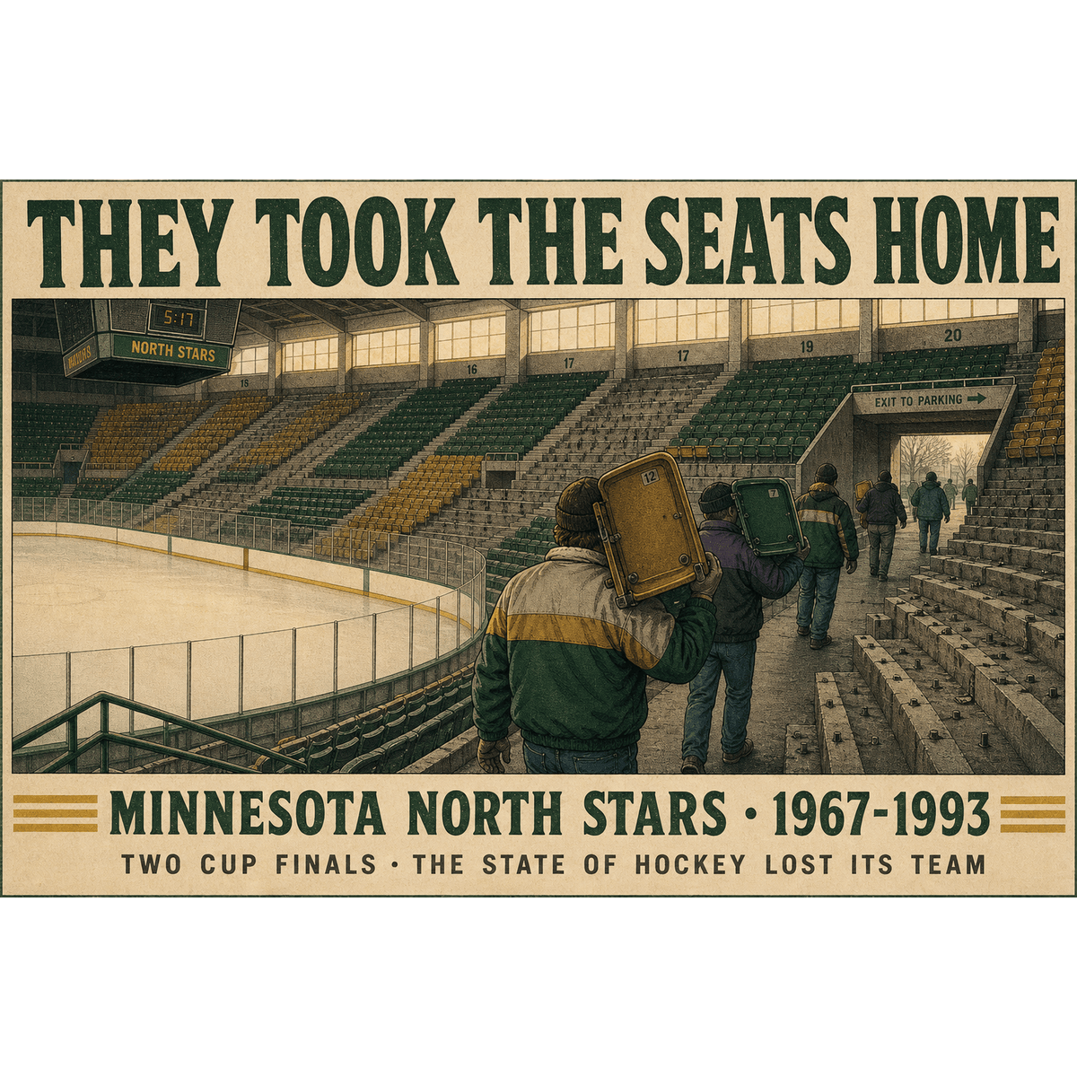 Original hockey history illustration of the Minnesota North Stars move to Dallas titled They Took the Seats Home by Odd Man Rush
