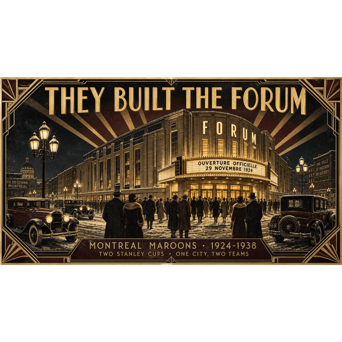Original hockey history illustration of the Montreal Maroons and the Forum titled They Built the Forum by Odd Man Rush
