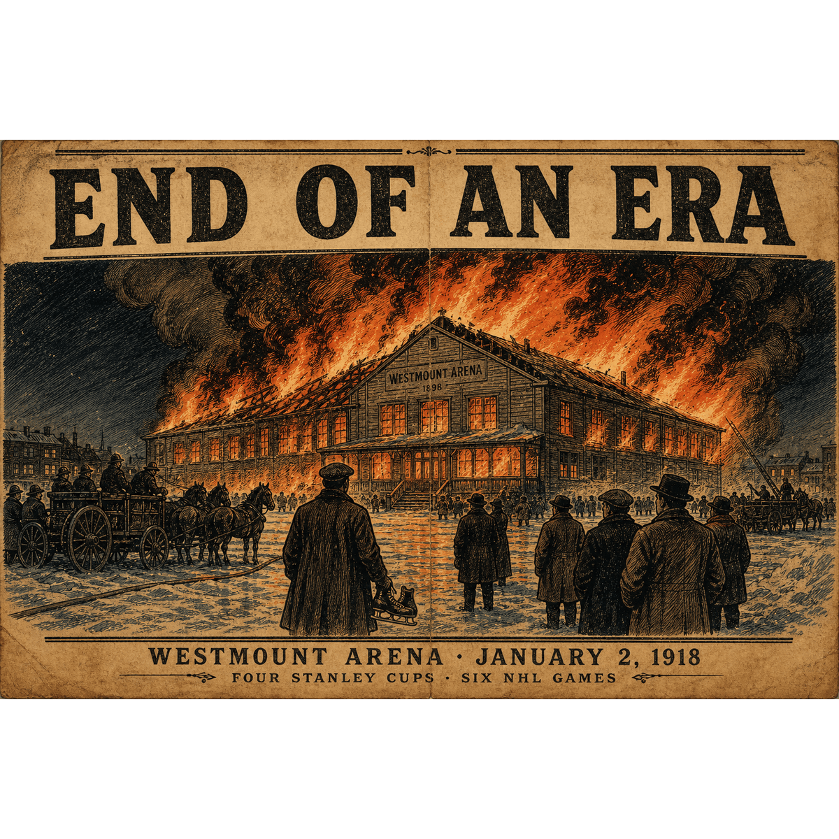 Original hockey history illustration of the Montreal Wanderers arena fire 1918 titled End of an Era by Odd Man Rush