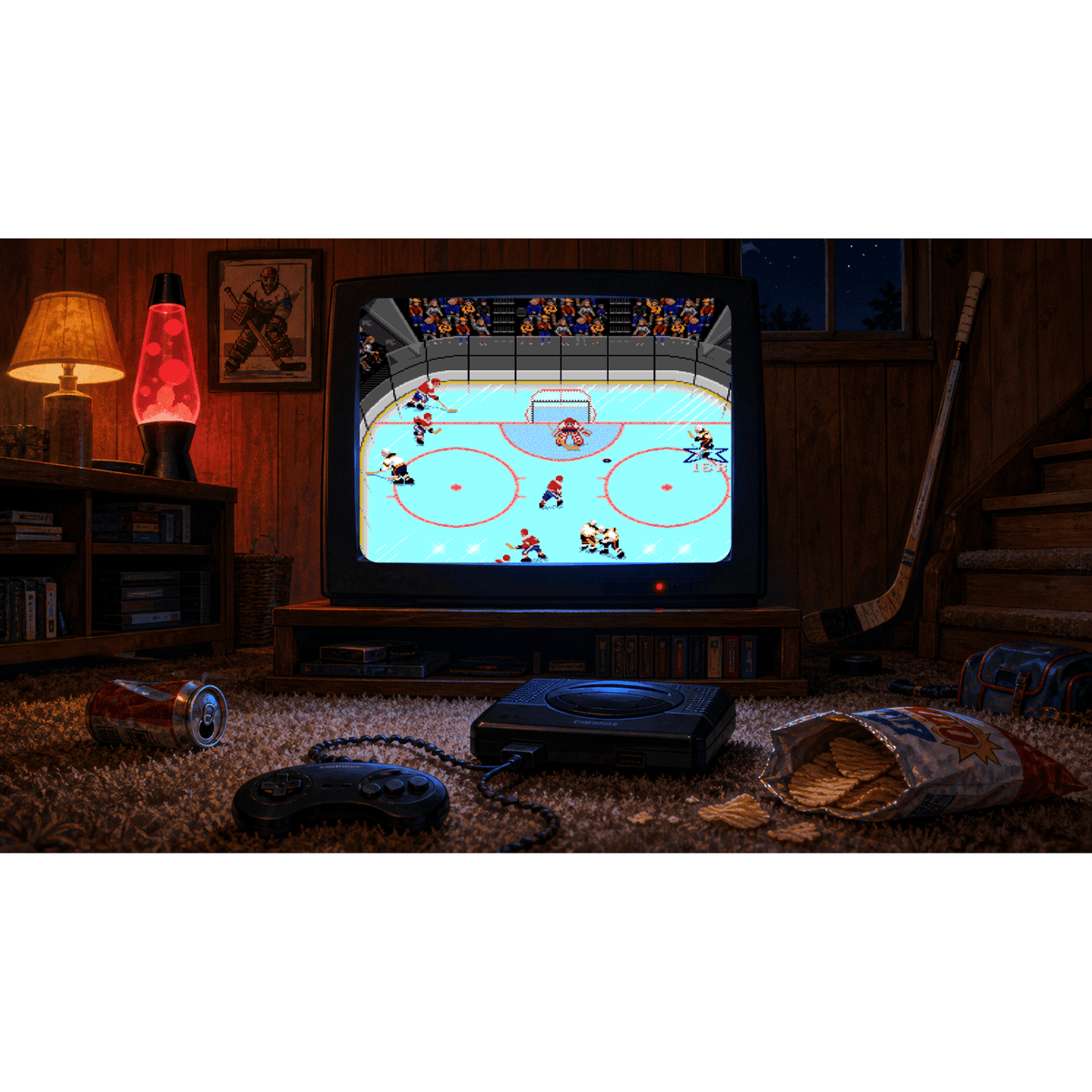 Retro 1990s basement with a CRT TV showing a 16-bit pixel art hockey game with blue ice for Odd Man Rush NHL 94 blog