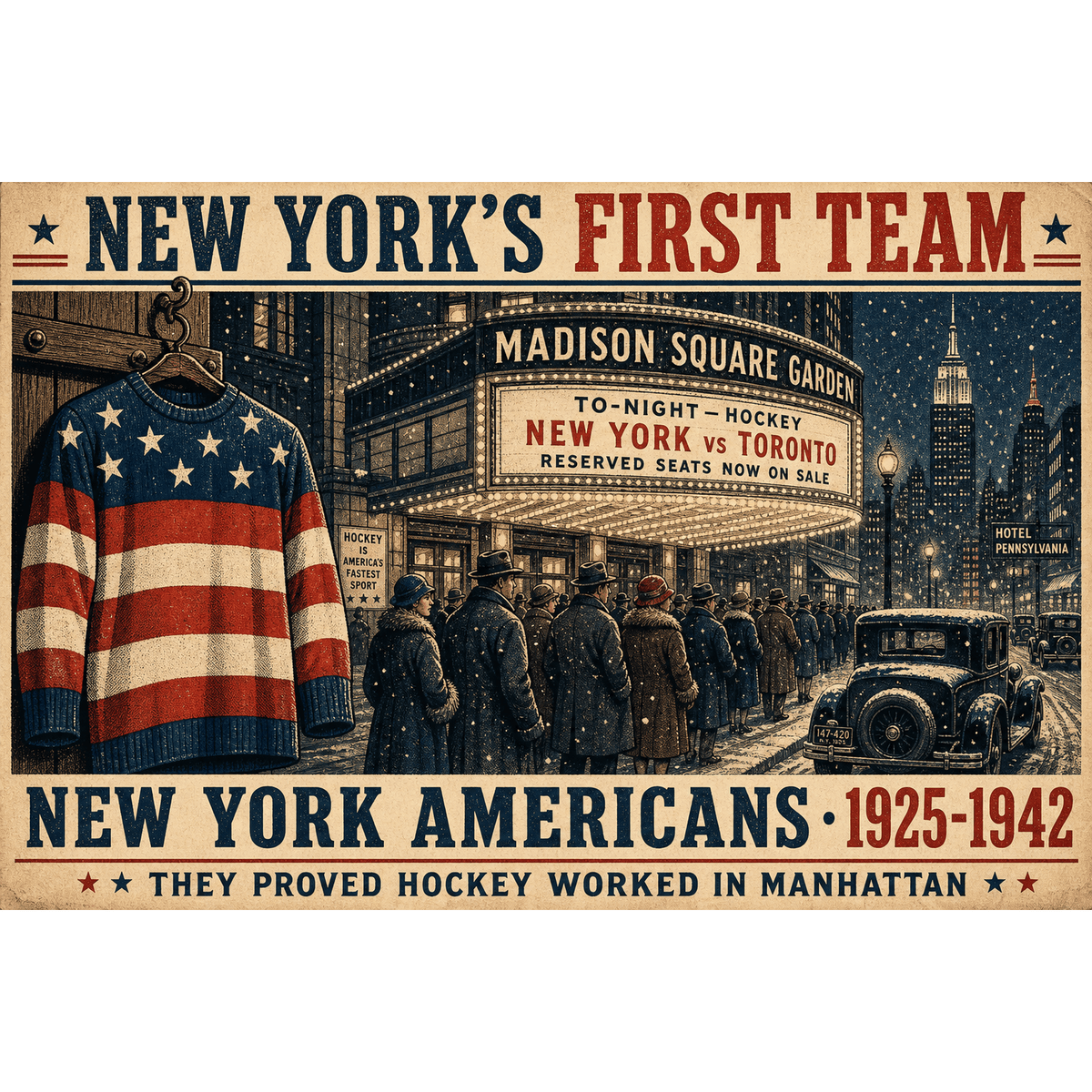 Original hockey history illustration of the New York Americans at Madison Square Garden titled New Yorks First Team by Odd Man Rush