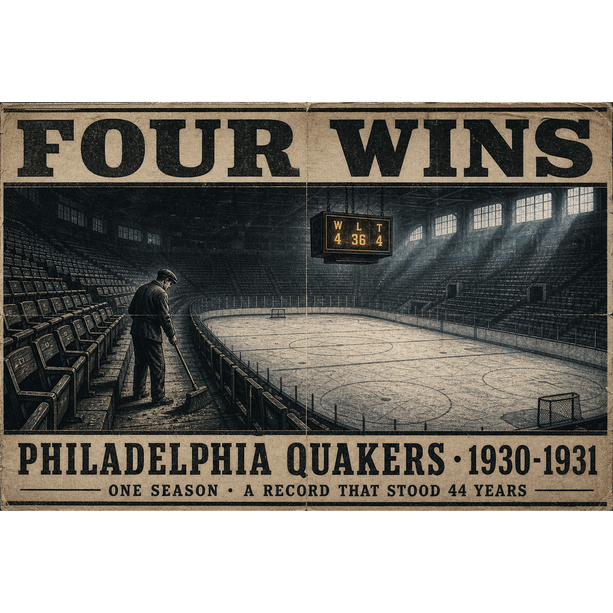 Original hockey history illustration of the Philadelphia Quakers worst NHL season titled Four Wins by Odd Man Rush