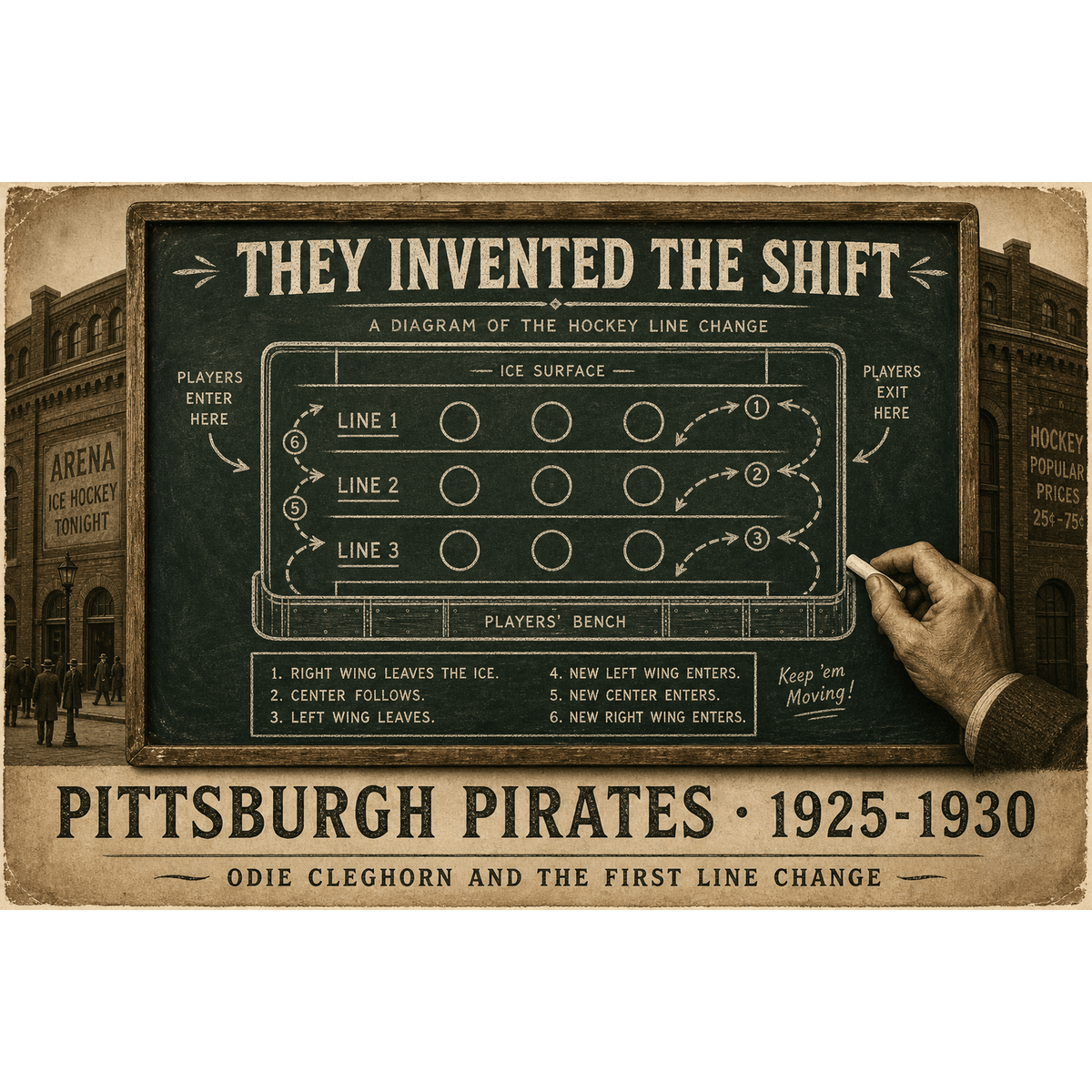 Original hockey history illustration of the Pittsburgh Pirates NHL team titled They Invented the Shift by Odd Man Rush