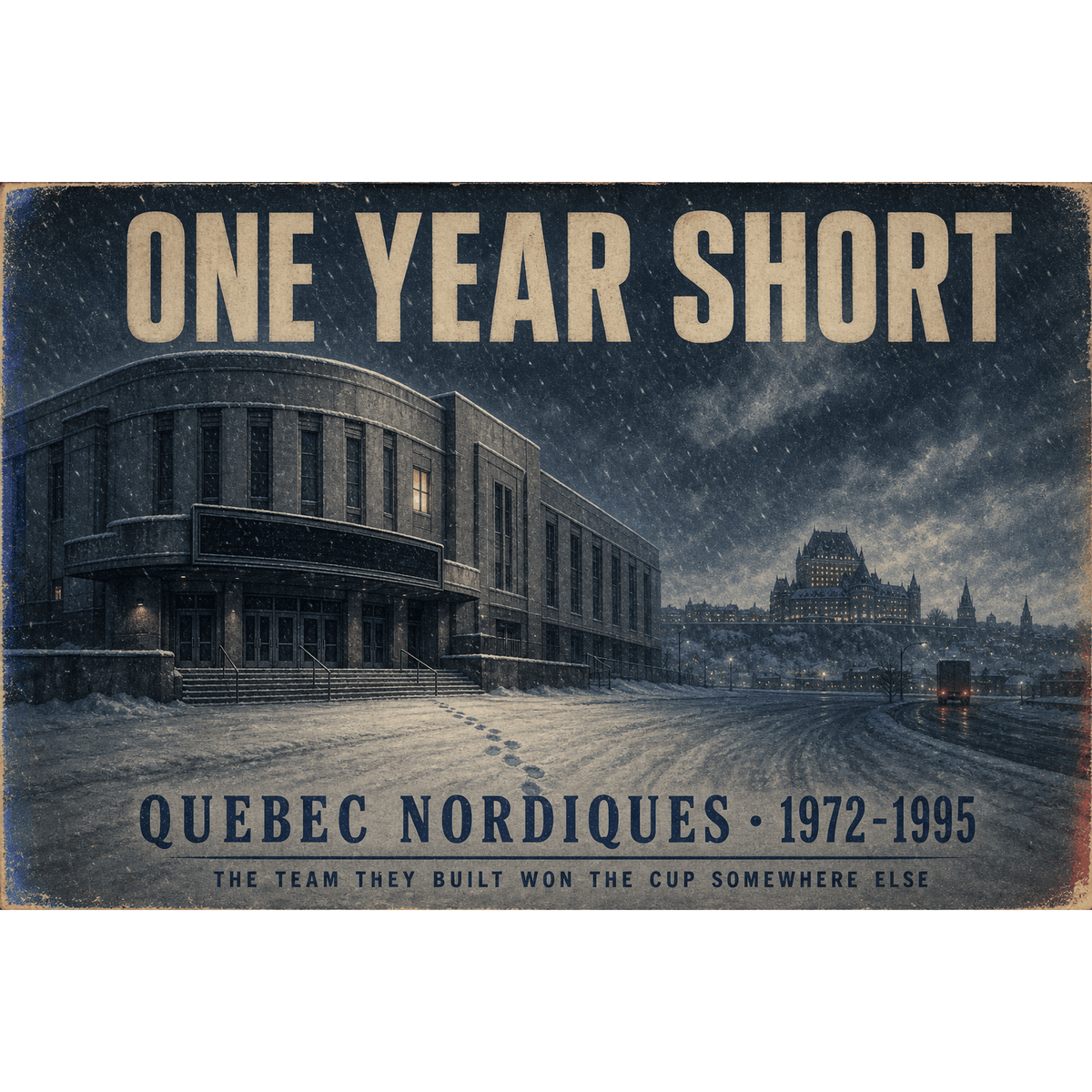 Original hockey history illustration of the Quebec Nordiques relocation titled One Year Short by Odd Man Rush