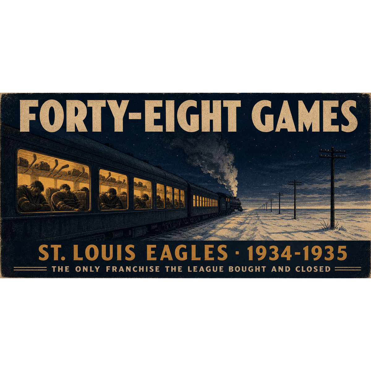 Original hockey history illustration of the St Louis Eagles night train titled Forty Eight Games by Odd Man Rush