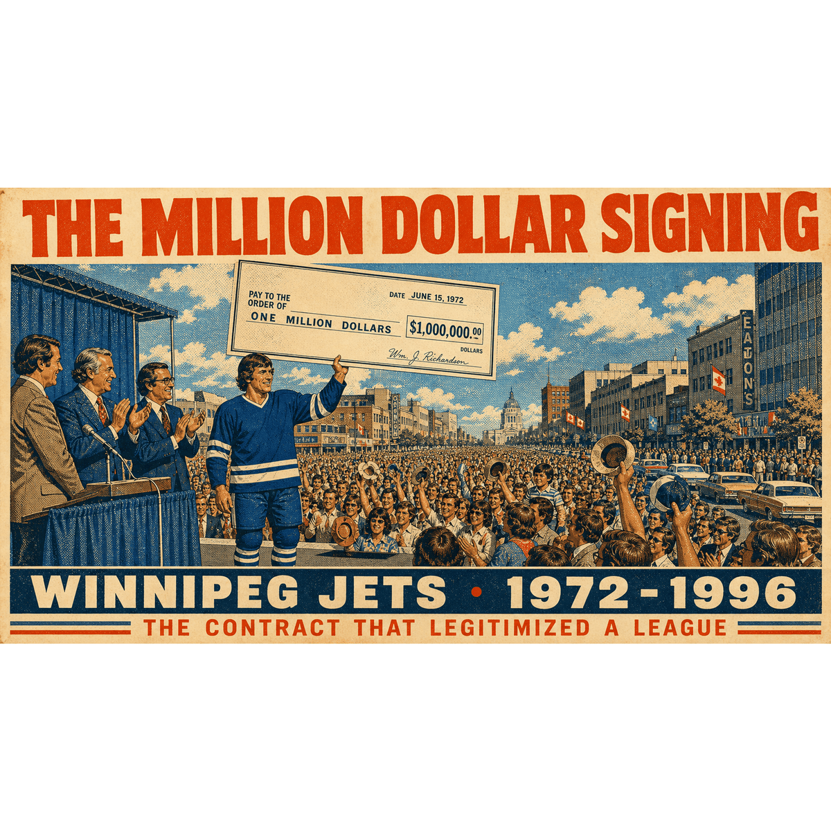 Original hockey history illustration of Bobby Hull signing with the Winnipeg Jets WHA titled The Million Dollar Signing by Odd Man Rush