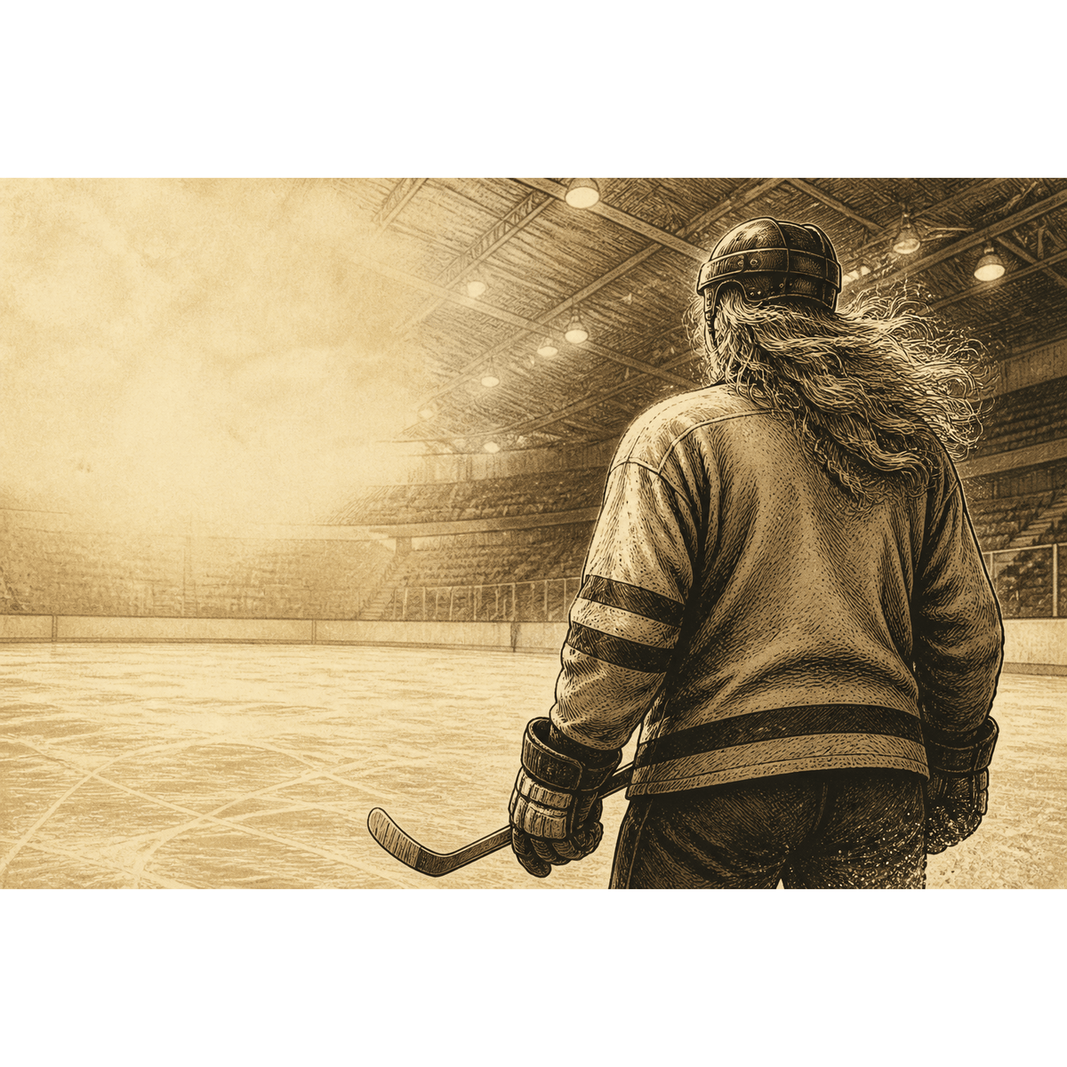 Pen-and-ink illustration of a hockey player seen from behind with long flowing hair spilling out of his helmet in an empty vintage arena