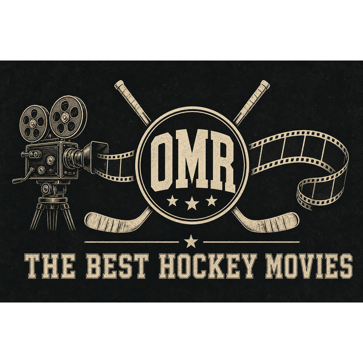 Odd Man Rush OMR logo with crossed hockey sticks, a vintage film camera, and a film strip for the best hockey movies ranked blog