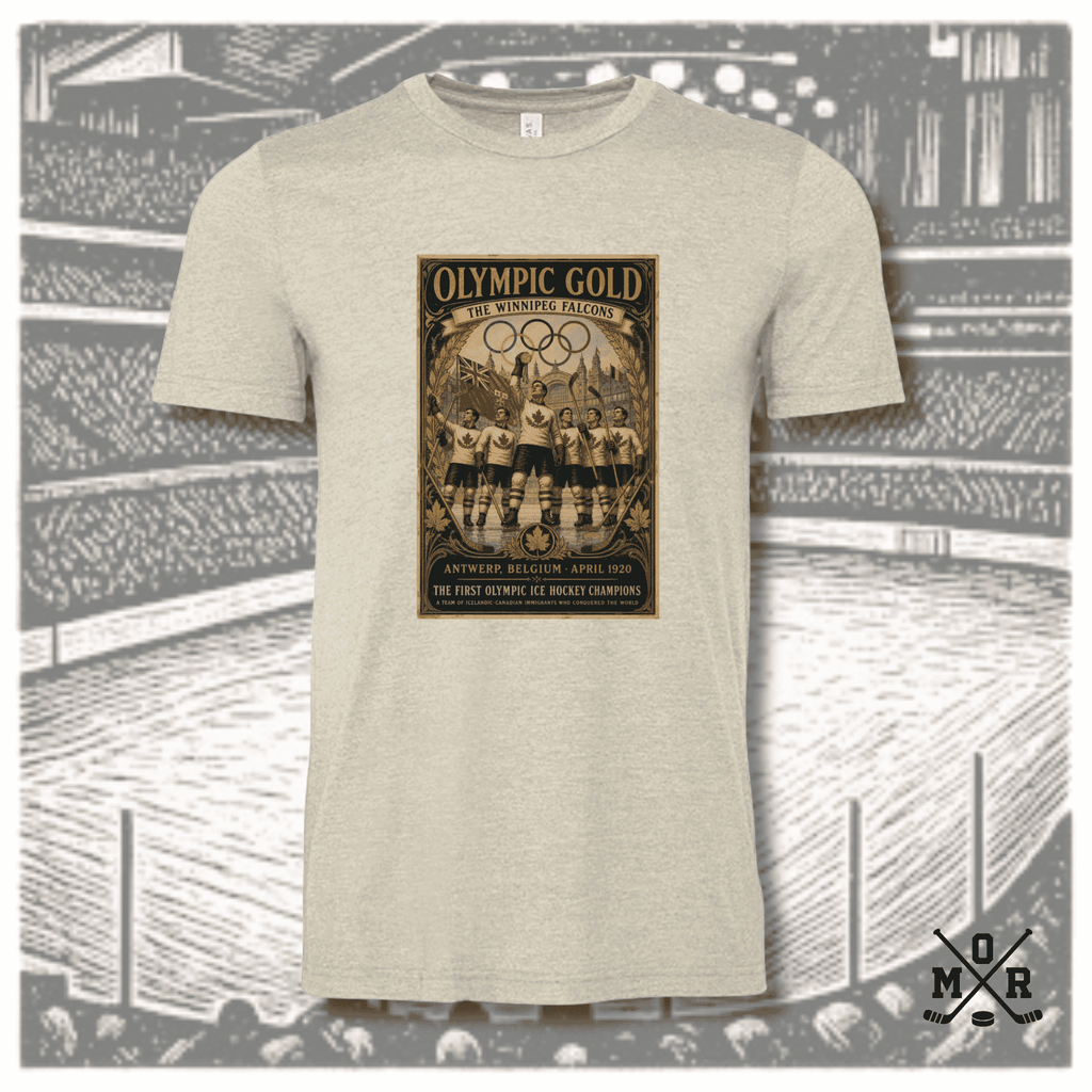 Heather oatmeal crew neck t-shirt with vintage Winnipeg Falcons Olympic gold medal graphic