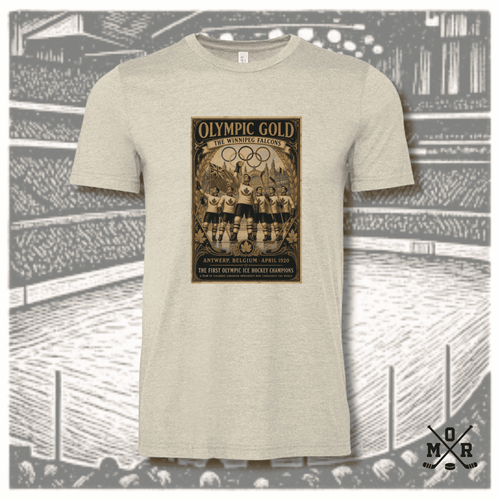 Heather oatmeal crew neck t-shirt with vintage Winnipeg Falcons Olympic gold medal graphic