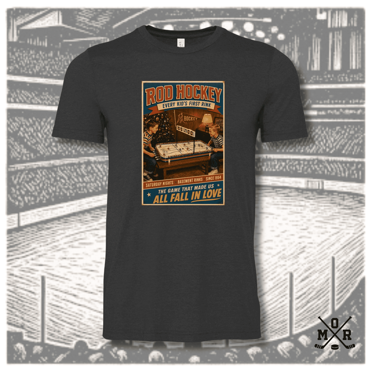 1954 Rod Hockey Vintage T-Shirt in dark charcoal heather with retro basement graphic