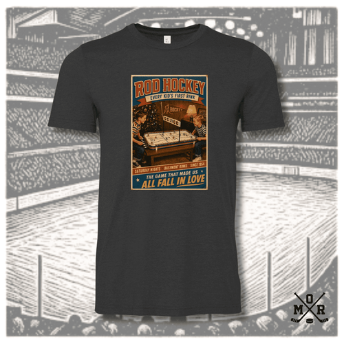 1954 Rod Hockey Vintage T-Shirt in dark charcoal heather with retro basement graphic