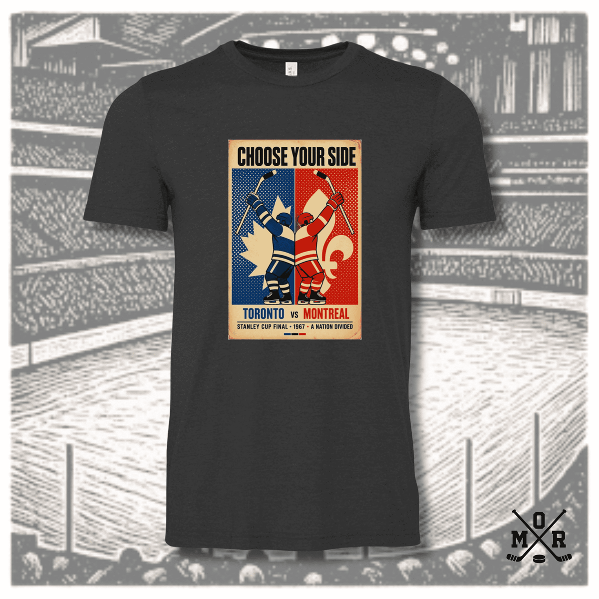 Charcoal heather crew neck t-shirt featuring blue and red vintage hockey player print
