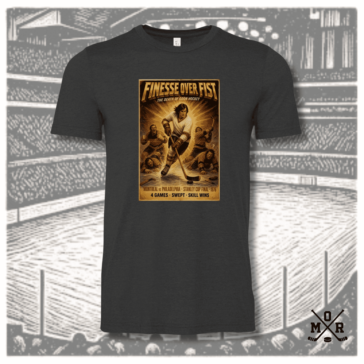 Dark charcoal heather crew neck t-shirt with vintage 1976 Stanley Cup Final Montreal vs Philadelphia hockey graphic print