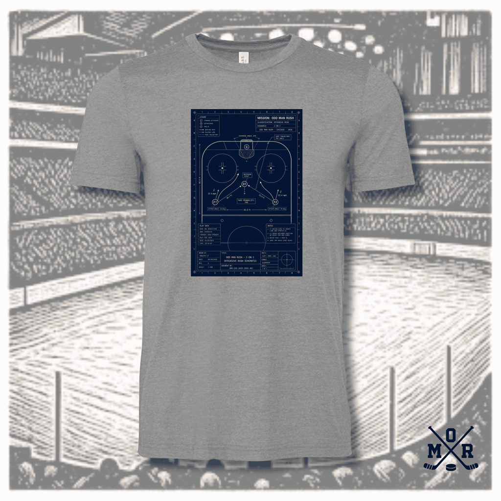 Heather grey Odd Man Rush hockey t-shirt with navy schematic graphic