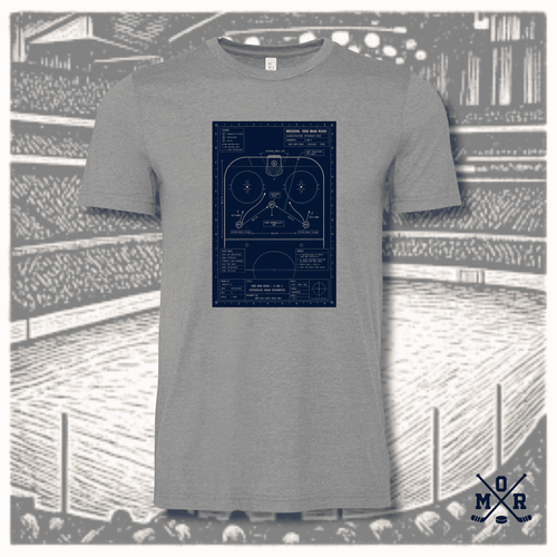 Heather grey Odd Man Rush hockey t-shirt with navy schematic graphic