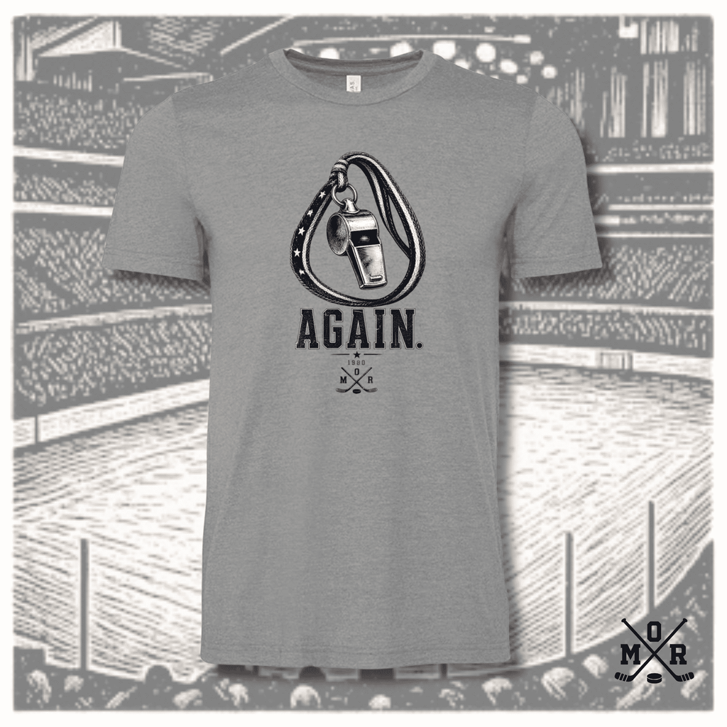 Heather grey 1980 Coach's Whistle hockey t-shirt with pen and ink whistle graphic and distressed navy AGAIN text