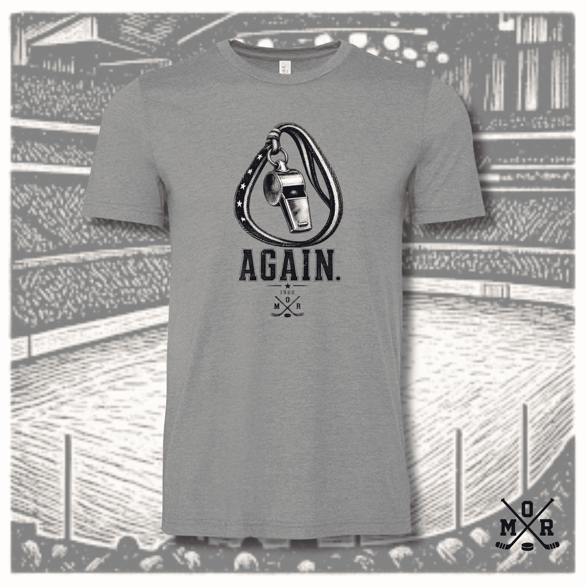 Heather grey 1980 Coach's Whistle hockey t-shirt with pen and ink whistle graphic and distressed navy AGAIN text
