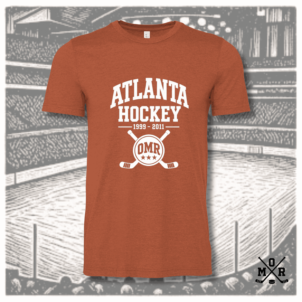 Rust heathered vintage Atlanta Hockey t-shirt with white arched text and crossed sticks crest