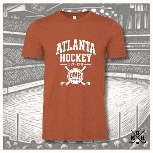Rust heathered vintage Atlanta Hockey t-shirt with white arched text and crossed sticks crest