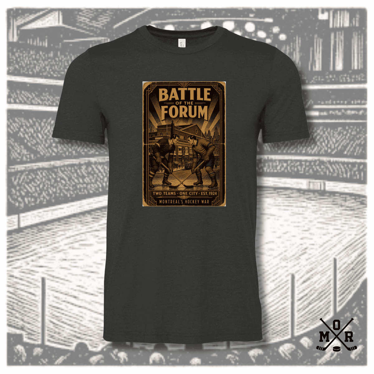 Heather black crew neck t-shirt featuring Battle of the Forum vintage hockey art