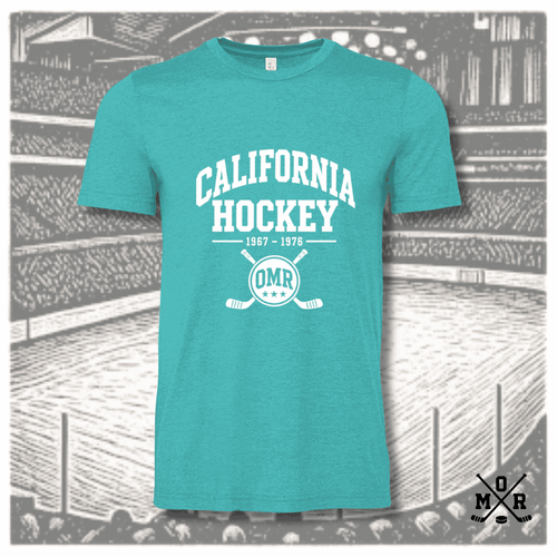 Heathered teal vintage California Golden Seals hockey t-shirt with white arched text and crossed sticks crest