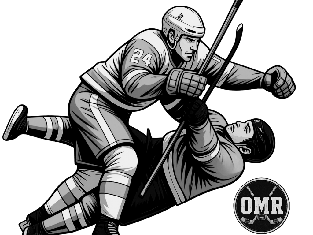 High contrast black and white graphic tee showing hockey player number 24 delivering a body check