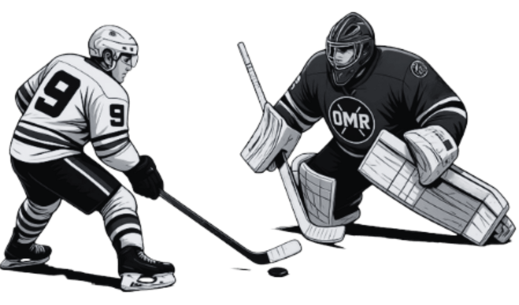 Odd Man Rush white hockey t-shirt featuring black and white comic ink goalie illustration