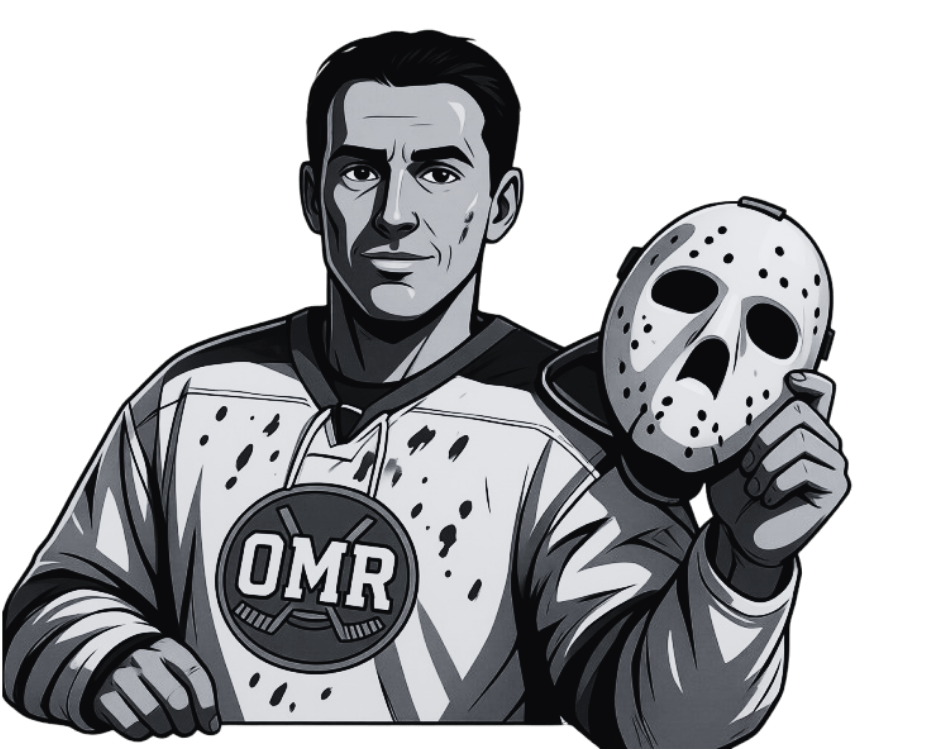 Comic book style hockey goalie t-shirt with black splatter marks and OMR logo