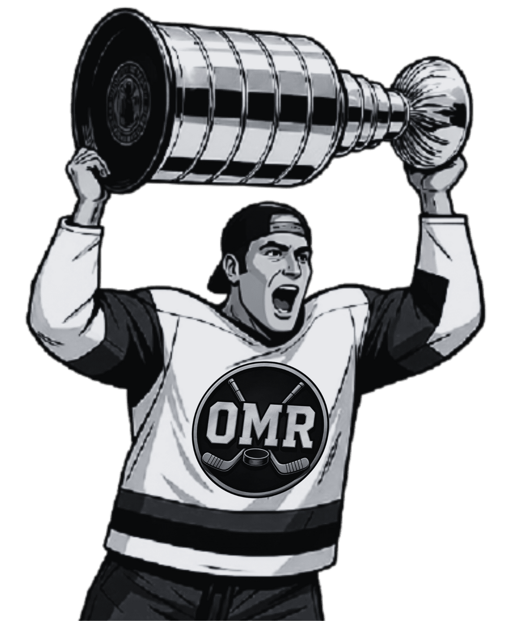 Black and white comic style hockey player raising Stanley Cup t-shirt