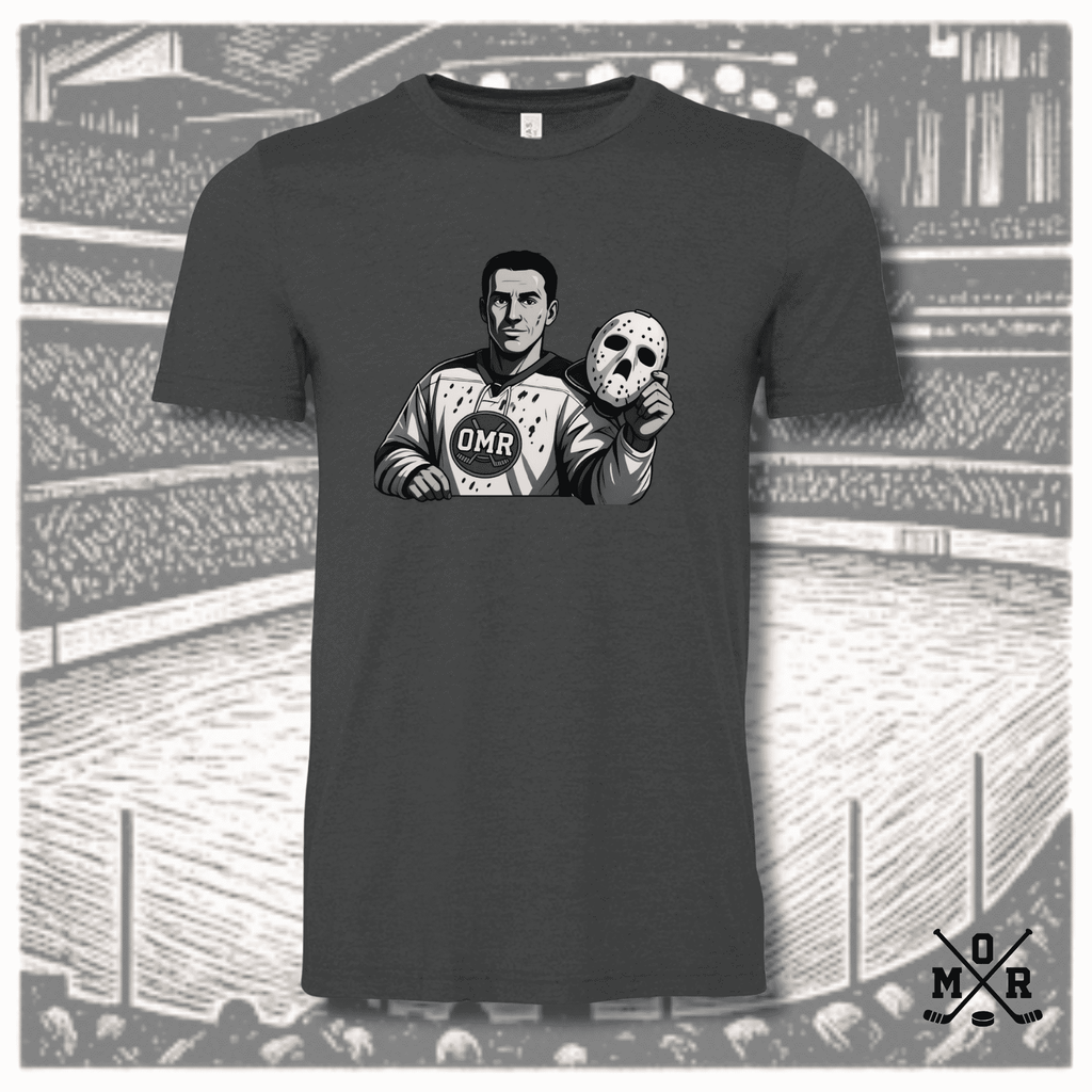 Heather charcoal grey unisex t-shirt featuring goalie graphic and arena background
