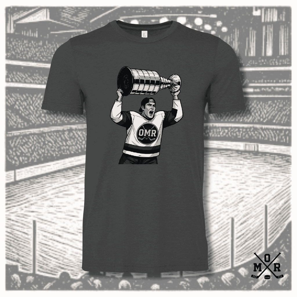 Heathered charcoal grey comic book hockey t-shirt with Stanley Cup graphic