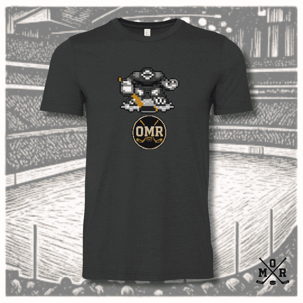 Dark charcoal heather retro hockey goalie t-shirt with 16-bit pixel art and gold OMR logo