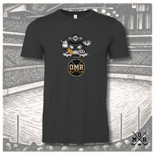Dark charcoal heather retro hockey goalie t-shirt with 16-bit pixel art and gold OMR logo