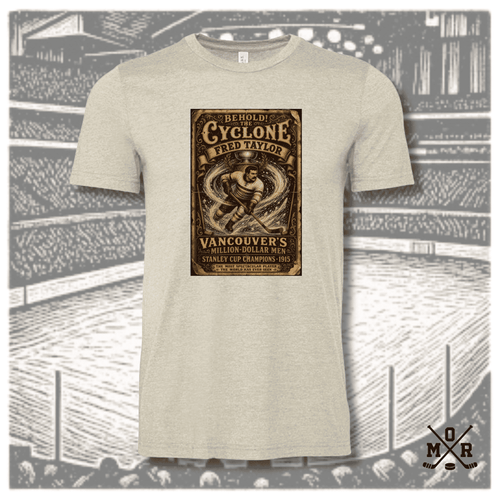 Cyclone Taylor Hockey Legends Heather Oatmeal T-Shirt with Vintage Carnival Graphic