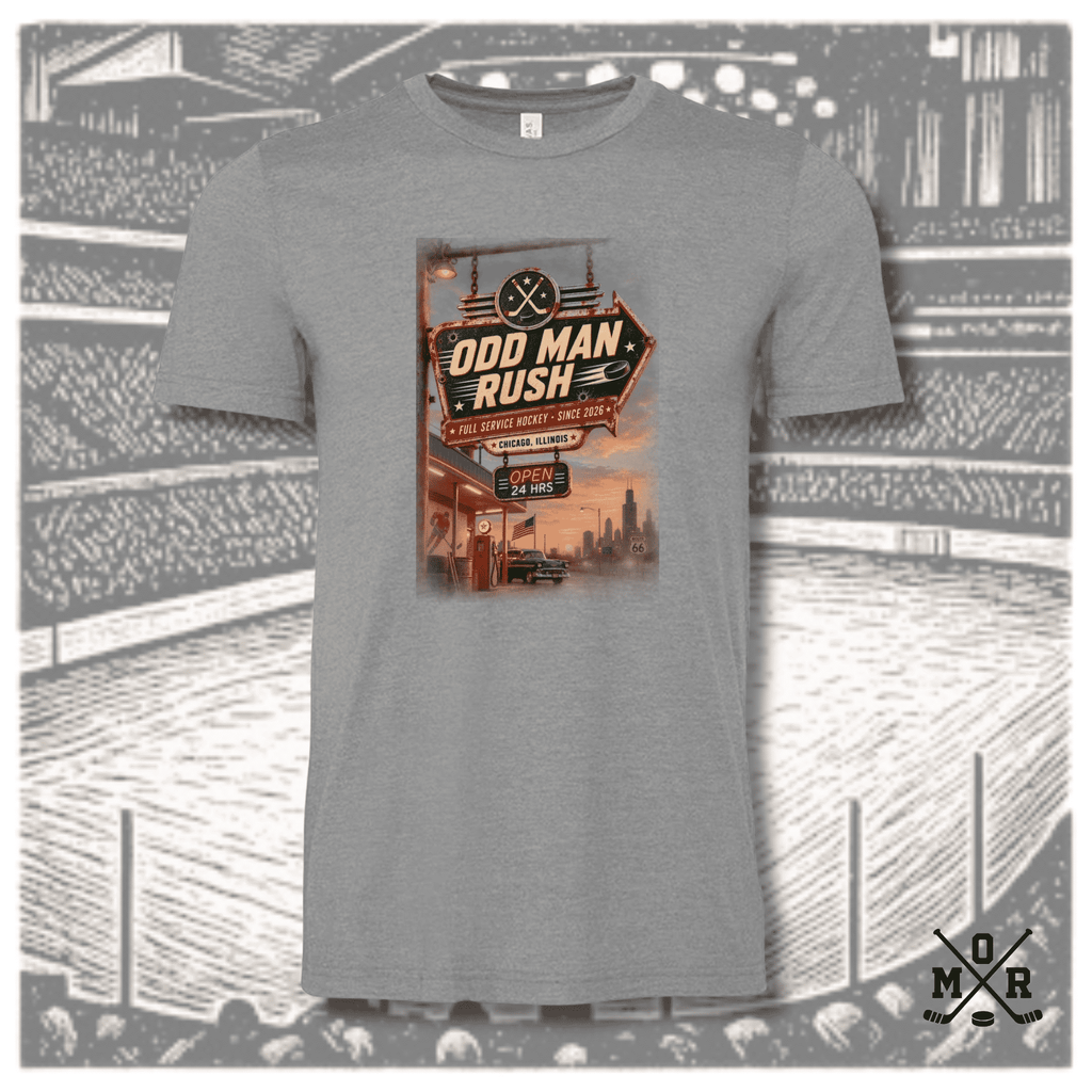 Odd Man Rush heather grey hockey t-shirt with retro roadside sign graphic