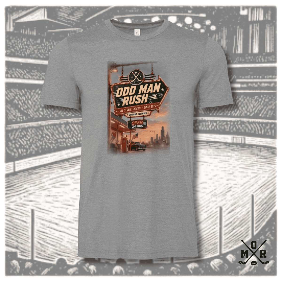 Odd Man Rush heather grey hockey t-shirt with retro roadside sign graphic