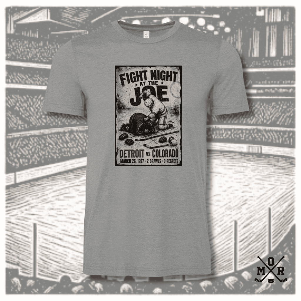 Heather grey Fight Night at the Joe hockey brawl vintage print crew neck t-shirt