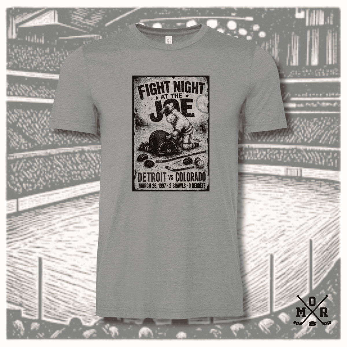 Heather grey Fight Night at the Joe hockey brawl vintage print crew neck t-shirt