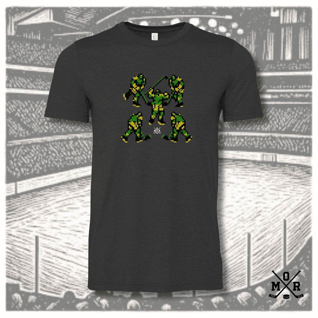 Green and gold 8-bit pixel art hockey celly graphic on dark charcoal heather Bella+Canvas 3001 t-shirt