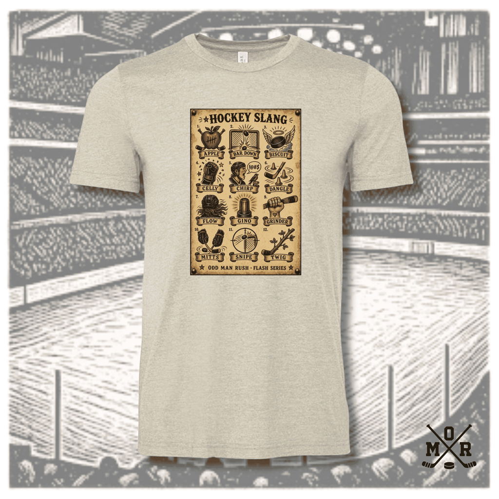 Heather oatmeal crew neck t-shirt featuring vintage hockey slang tattoo flash graphic print