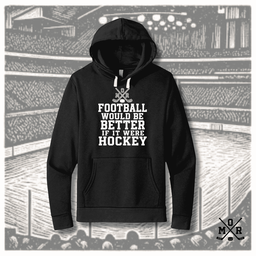 Black unisex pullover hoodie with white drawstrings and crossed hockey sticks graphic