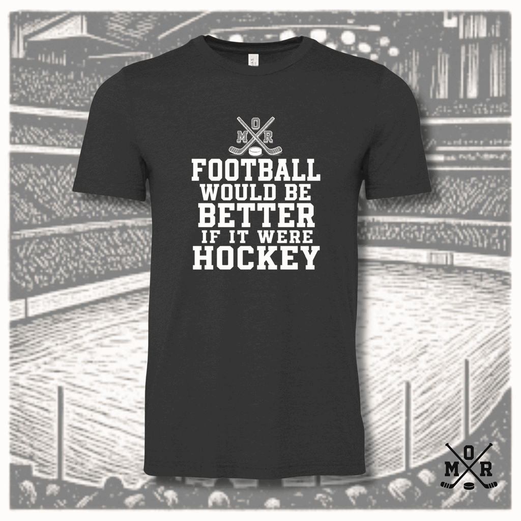 Charcoal heather hockey t-shirt with white bold collegiate text and crossed sticks graphic