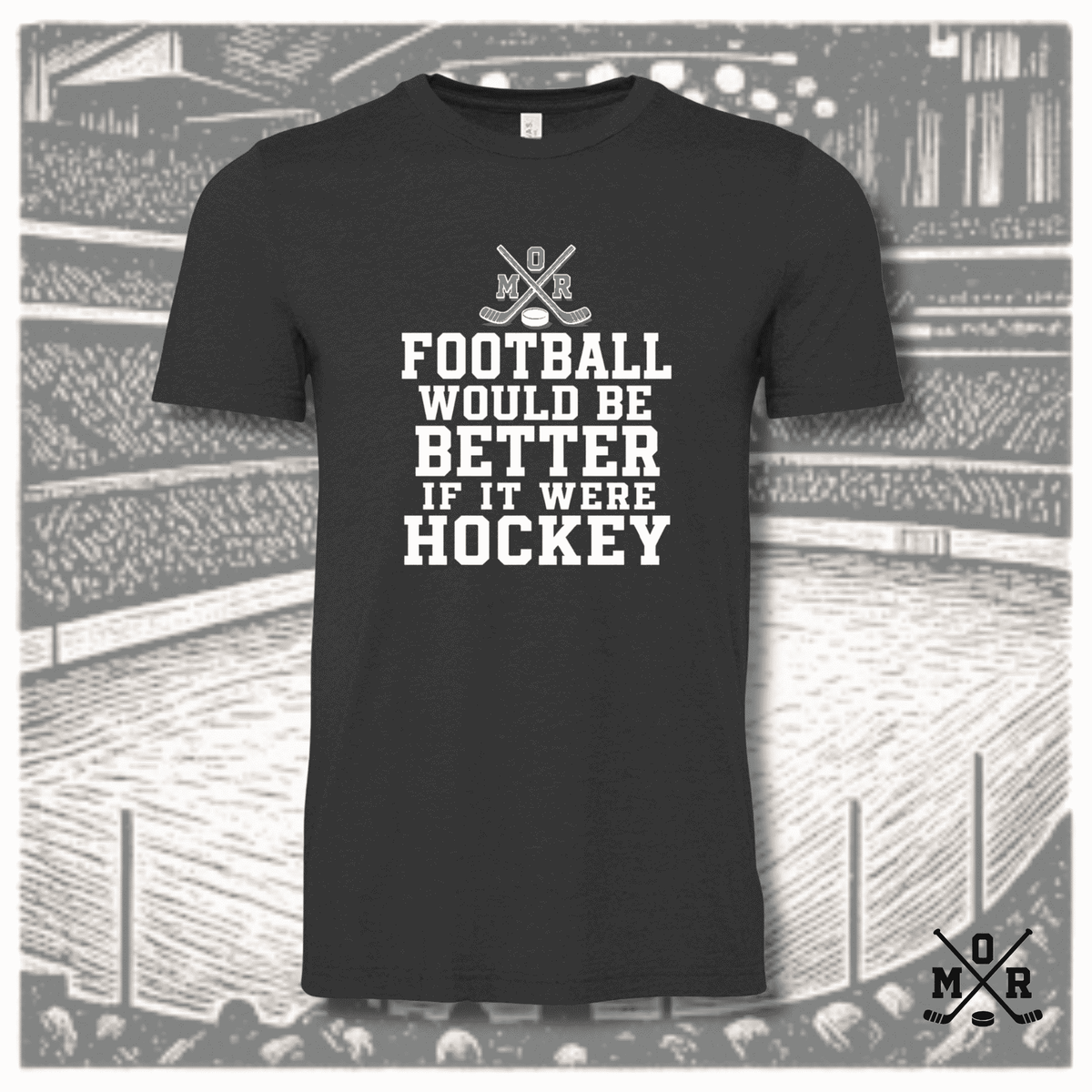 Charcoal heather hockey t-shirt with white bold collegiate text and crossed sticks graphic