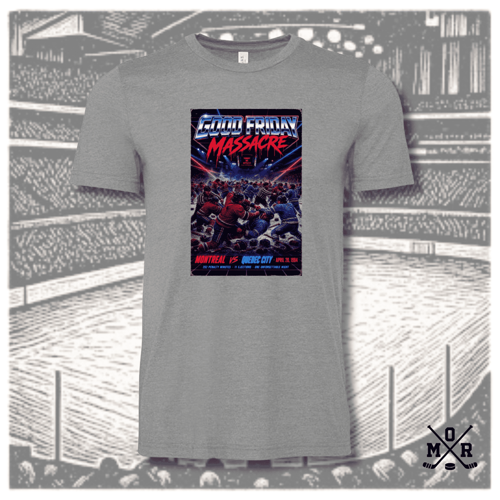 Heather grey Good Friday Massacre 1984 hockey brawl retro t-shirt with neon graphic print